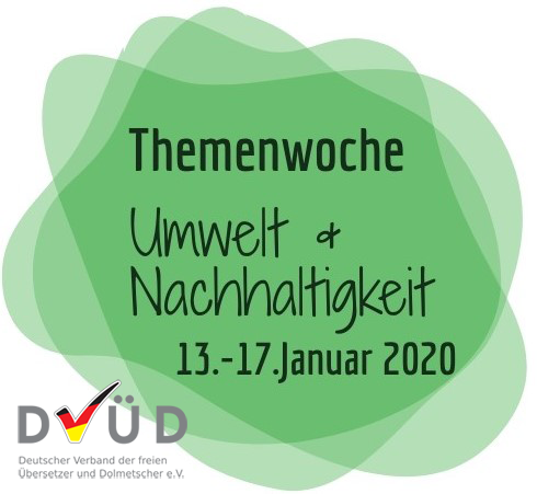 Logo der DVÜD-Themenwoche "Umwelt und Nachhaltigkeit", 13.-17. Januar 2020; Text auf grünem Grund